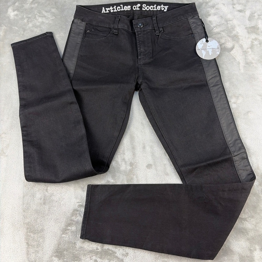Articles of Society Black Skinny Jeans Faux Leather Side Stripe Tuxedo 27 Denim